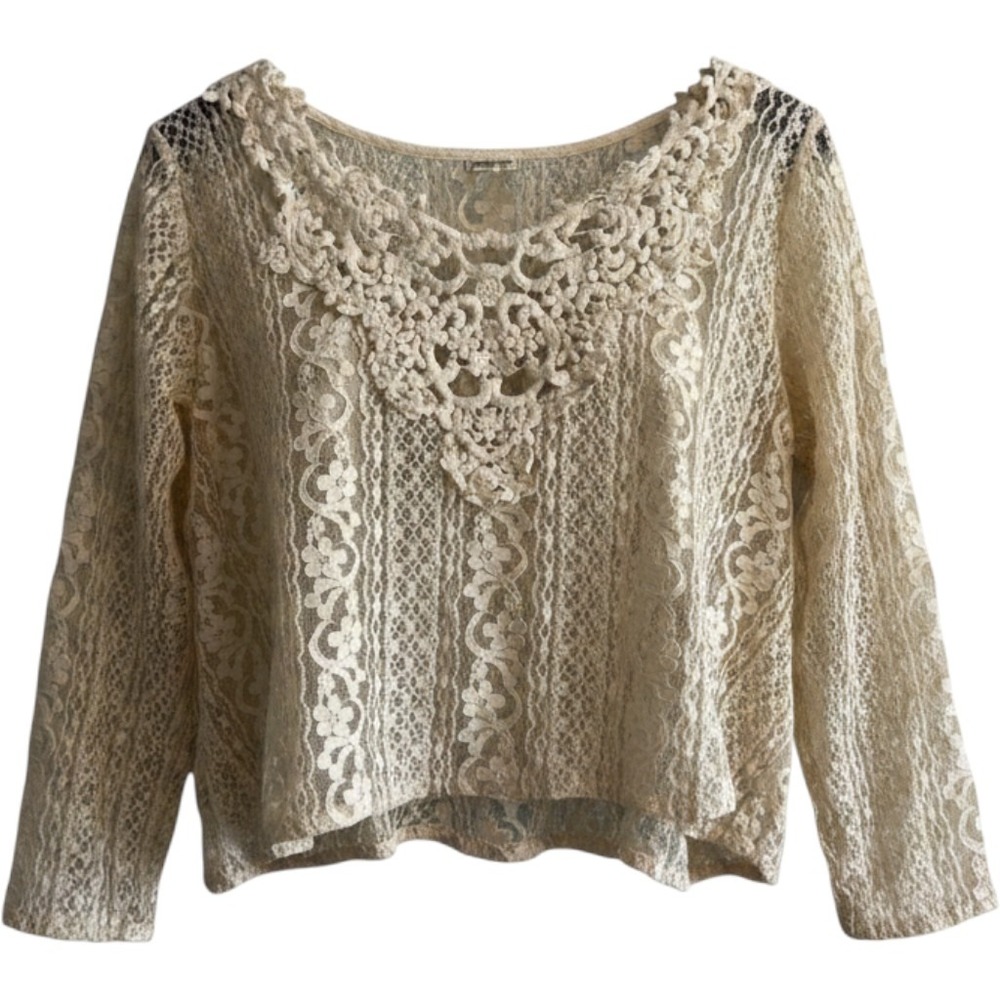 Hollister Cream Ivory Floral Sheer Lace Long Sleeve Crochet Top Large Romantic